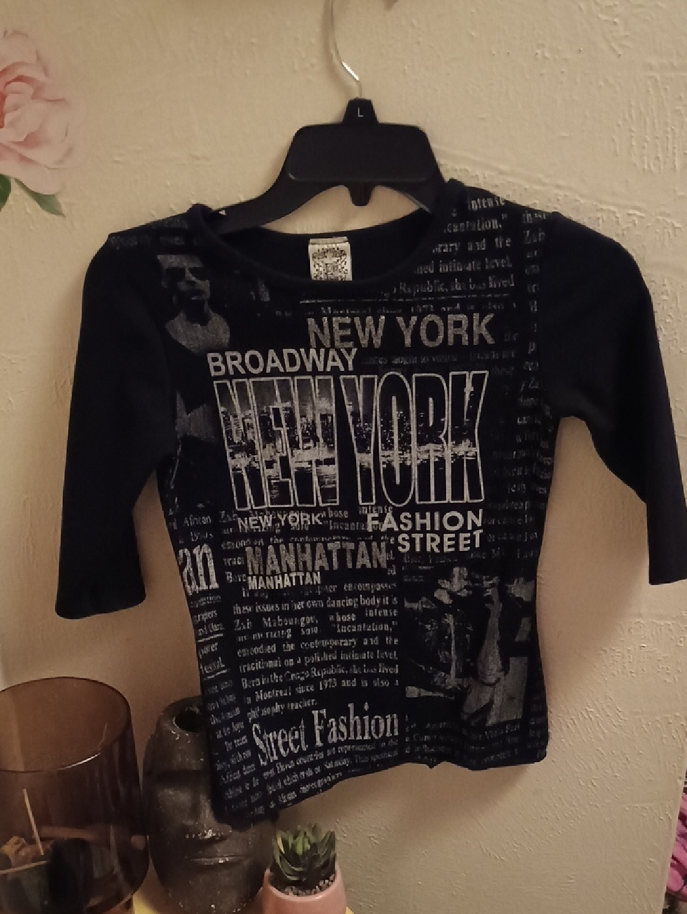 Vintage 90s New York City Newspaper Fashion 3/4 Sleeve Top USA Womens Small